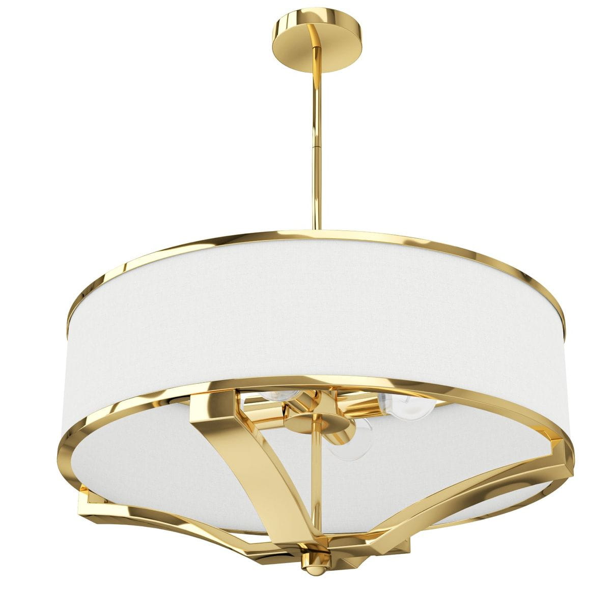 Lampa wisząca Gerdo Gold 4-punktowa w kolorze złotym z białym abażurem. Okrągła konstrukcja z metalowymi elementami, zawieszona na cienkim drążku. Widoczne uchwyty na żarówki wewnątrz klosza. Na jednolitym tle.