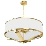Lampa wisząca Gerdo Gold 4-punktowa w kolorze złotym z białym abażurem. Okrągła konstrukcja z metalowymi elementami, zawieszona na cienkim drążku. Widoczne uchwyty na żarówki wewnątrz klosza. Na jednolitym tle.