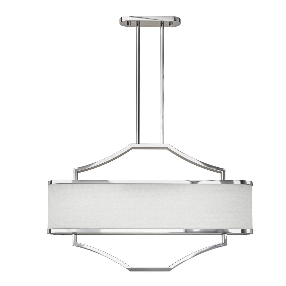 Lampa wisząca Gerdo Ovale Cromo, 4-punktowa, z chromowanym stelażem i białym, tekstylnym kloszem w kształcie prostokąta. Ujęcie frontalne, zawieszona na dwóch metalowych linkach. Idealna do nowoczesnych wnętrz.