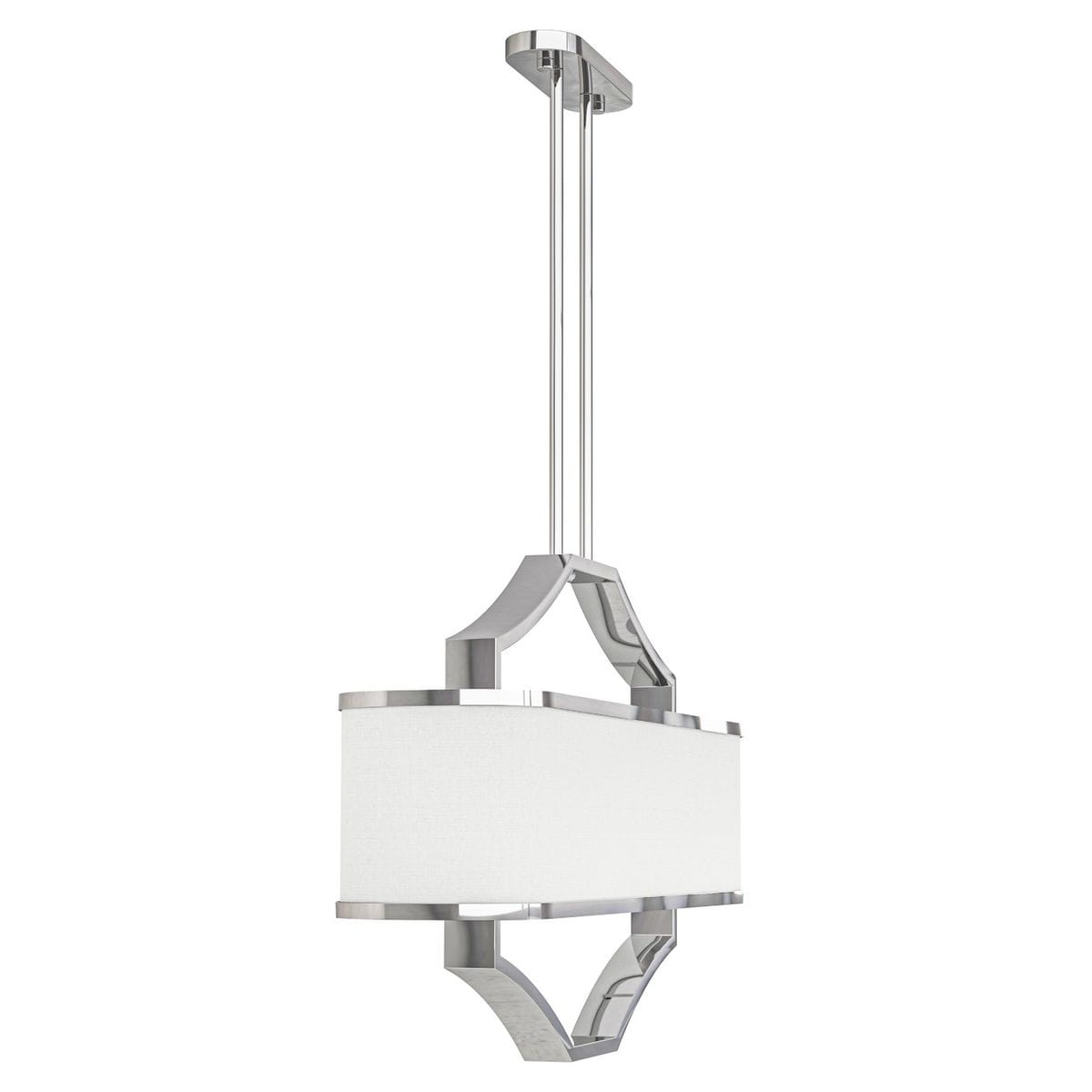 Lampa wisząca Gerdo Ovale Cromo 4-punktowa w chromowanym wykończeniu. Posiada prostokątny klosz z białego materiału, zawieszona na dwóch stalowych linkach. Elegancki, nowoczesny design, idealna do wnętrz.