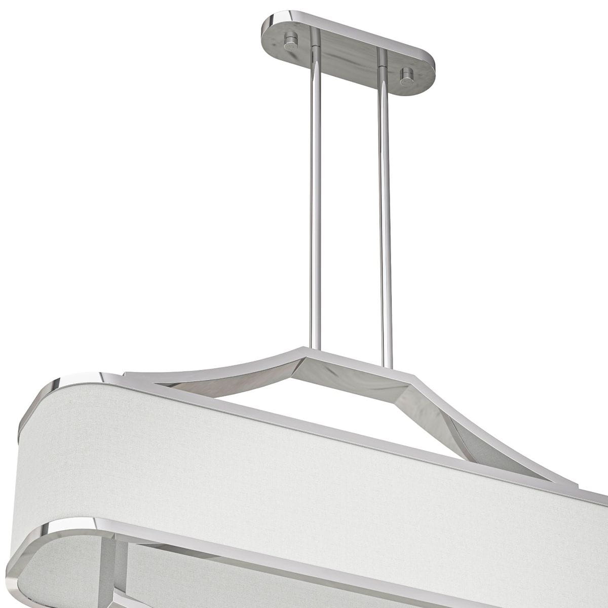 Lampa wisząca Gerdo Ovale Cromo w kolorze chromu, z czterema punktami świetlnymi. Posiada elegancką, owalną konstrukcję z białym materiałem oraz metalowe detale. Ujęcie z góry, ukazujące zawieszenie i detale konstrukcji.