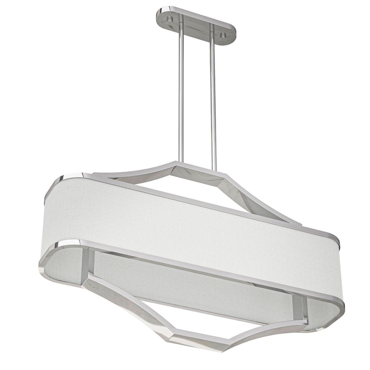 Lampa wisząca Gerdo Ovale Cromo w kolorze chromu z białym kloszem. Ośmiokątny kształt z metalowymi detalami. Ujęcie z dołu, zawieszona na dwóch cienkich linkach. Idealna do nowoczesnych wnętrz.