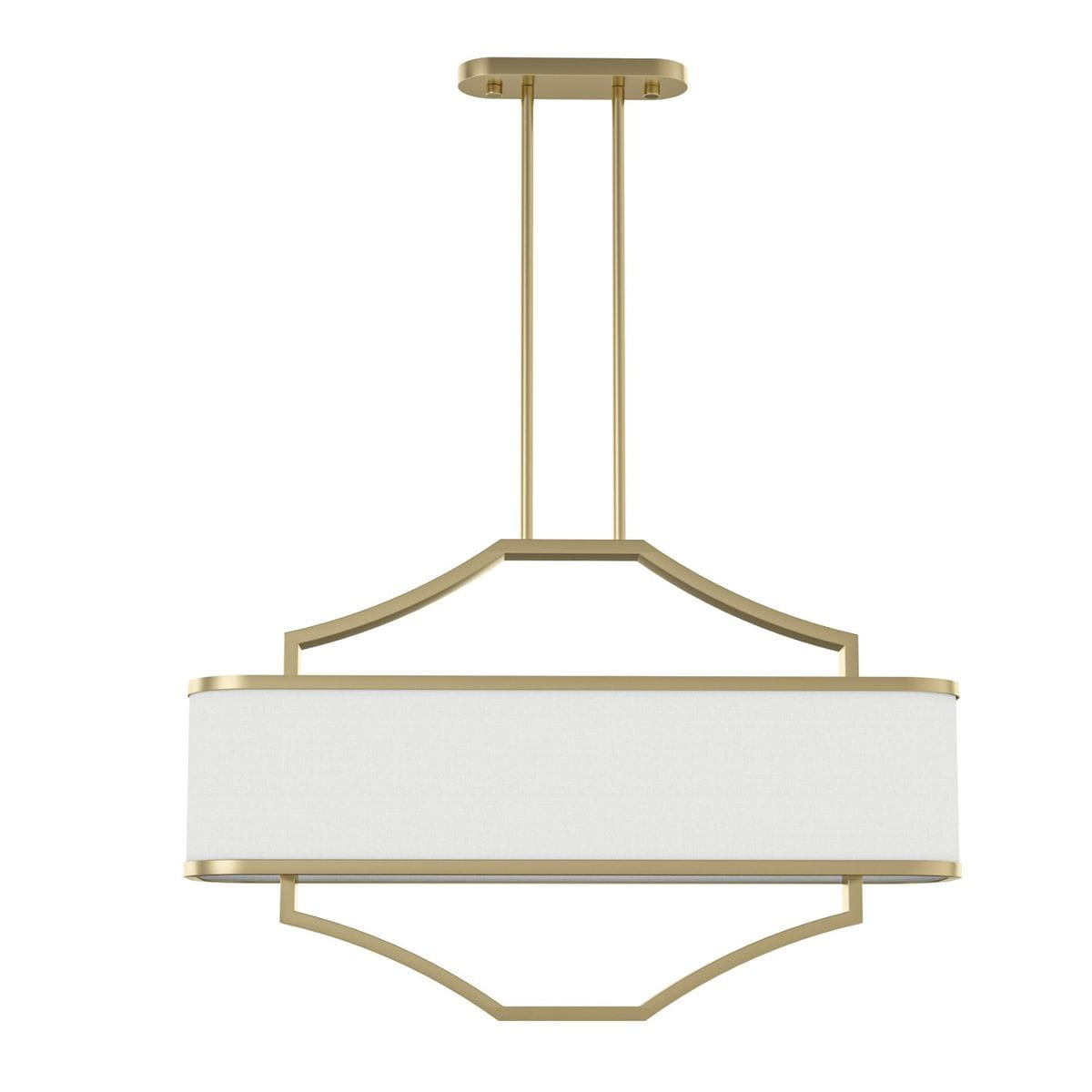 Lampa wisząca Gerdo Ovale w kolorze złoto-satynowym z białym kloszem, o prostokątnym kształcie i czterech punktach świetlnych. Ujęcie frontalne, zawieszona na dwóch metalowych prętach.