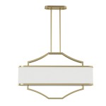 Lampa wisząca Gerdo Ovale w kolorze złoto-satynowym z białym kloszem, o prostokątnym kształcie i czterech punktach świetlnych. Ujęcie frontalne, zawieszona na dwóch metalowych prętach.