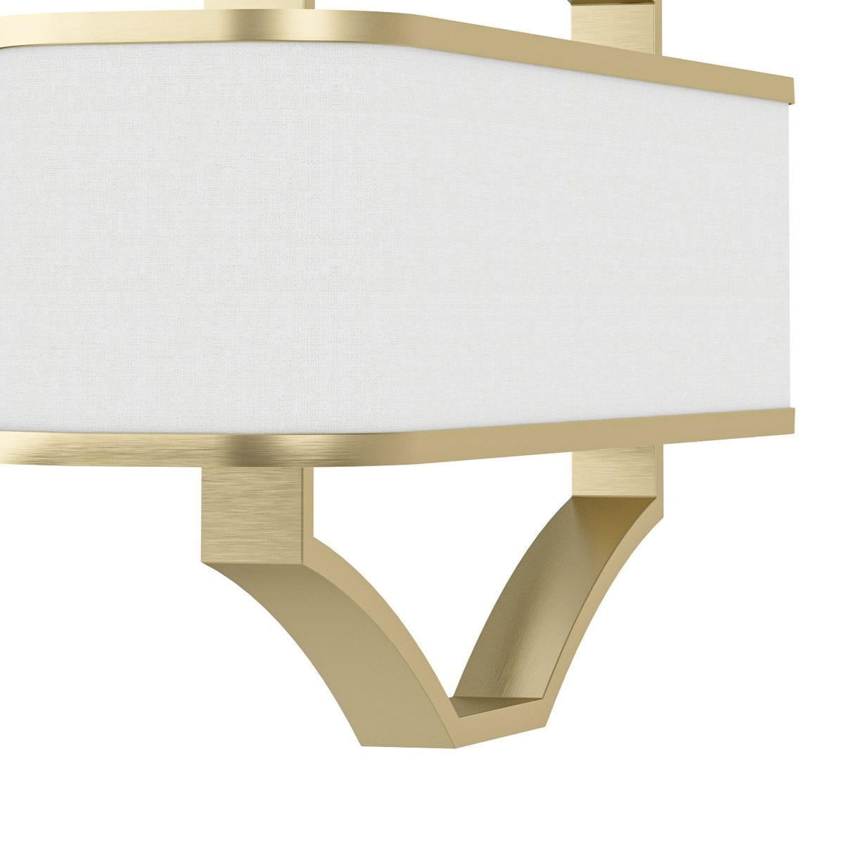 Lampa wisząca Gerdo Ovale w kolorze złoto satynowym, 4-punktowa. Posiada prostokątną, białą osłonę z tkaniny, z metalowymi detalami w kształcie łuku. Ujęcie z boku, ukazujące elegancki design i materiał.