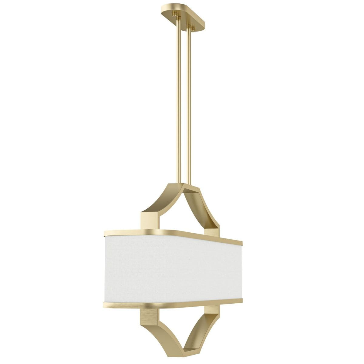 Lampa wisząca Gerdo Ovale w kolorze złoto-satynowym, 4-punktowa, z prostokątnym abażurem z białego materiału. Ujęcie z boku, zawieszona na dwóch metalowych prętach, dekoracyjne detale w kształcie łuków. Tło białe.