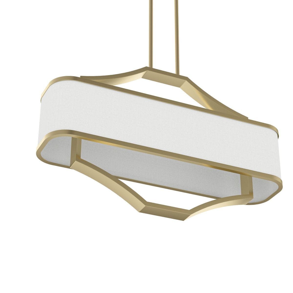 Lampa wisząca Gerdo Ovale Old Gold w kolorze złota satynowego. Posiada cztery punkty świetlne, z owalnym, białym kloszem i dekoracyjną, złotą ramą. Ujęcie z dołu, pokazujące detale konstrukcji i materiałów.