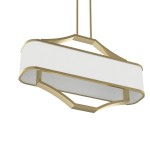 Lampa wisząca Gerdo Ovale Old Gold w kolorze złota satynowego. Posiada cztery punkty świetlne, z owalnym, białym kloszem i dekoracyjną, złotą ramą. Ujęcie z dołu, pokazujące detale konstrukcji i materiałów.