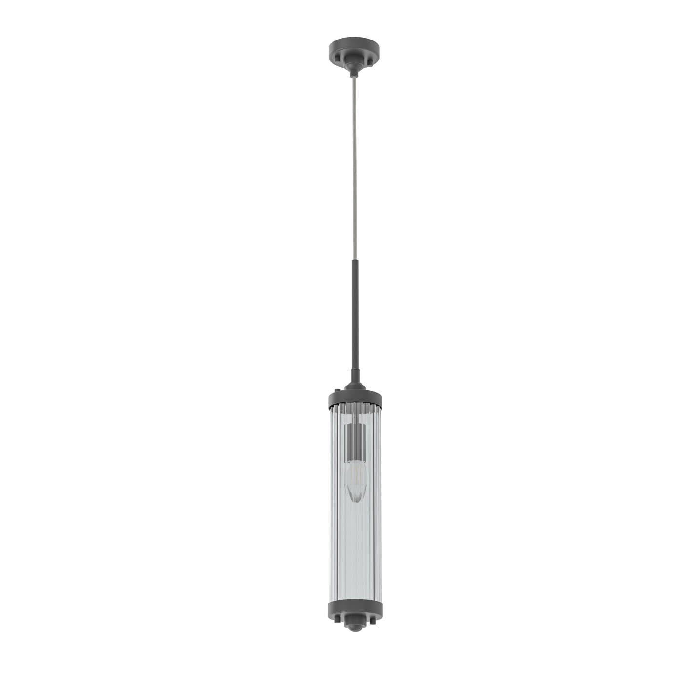 Czarna lampa wisząca Fiatto I Nero, 1-punktowa, o cylindrycznym kształcie z przezroczystym kloszem i metalowym zawieszeniem. Zamontowana na cienkim przewodzie, idealna do nowoczesnych wnętrz.