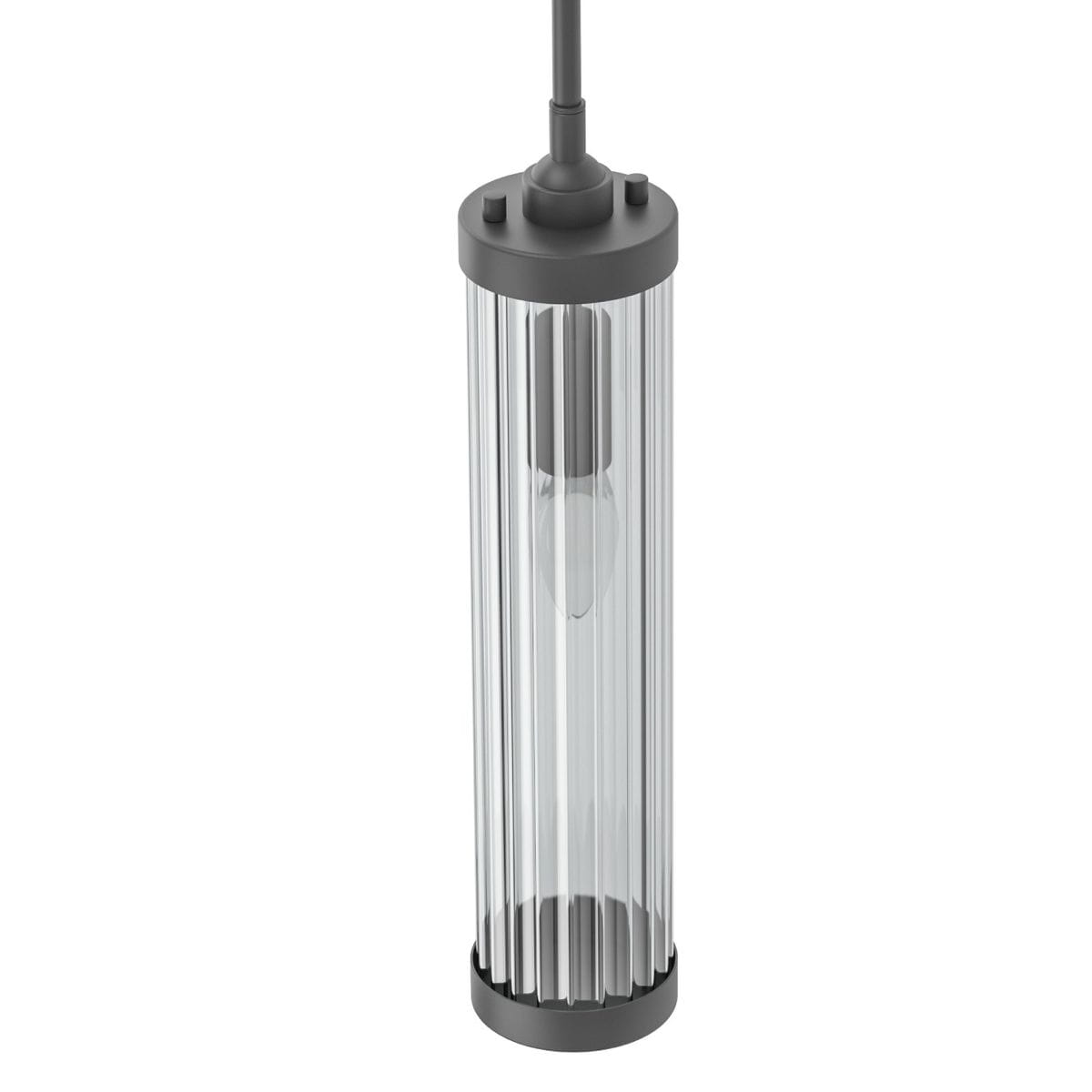Lampa wisząca Fiatto I Nero w kolorze czarnym, z cylindrycznym kloszem o prostokątnych żłobieniach, zawieszona na cienkim przewodzie. Wewnątrz widoczna żarówka. Klosz wykonany z przezroczystego materiału, umieszczony na solidnej podstawie.