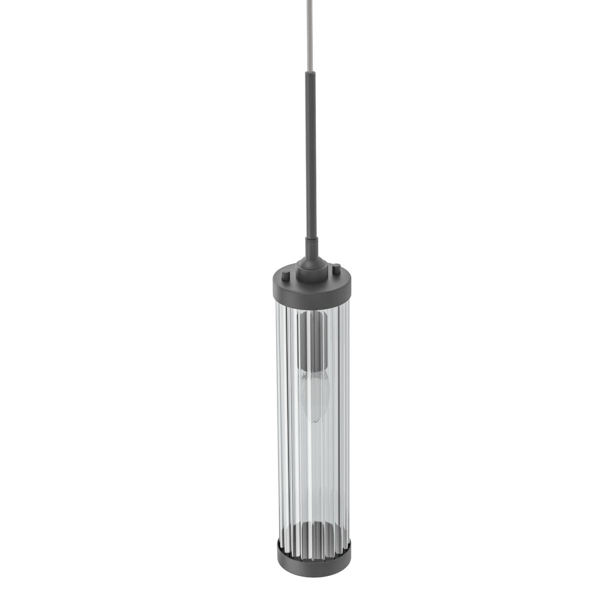 Lampa wisząca Fiatto I Nero, 1-punktowa, w kolorze czarnym. Ma cylindryczny kształt z przezroczystego szkła z poziomymi żłobieniami. Zawieszona na cienkim, metalowym przewodzie, z widoczną żarówką wewnątrz.