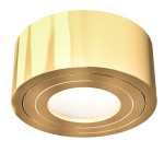 Złota lampa sufitowa Rullo Gold Mini LED o okrągłym kształcie, z widocznym białym kloszem w centralnej części. Ujęcie z dołu, ukazujące błyszczące wykończenie i podział na pierścienie. Ochrona IP44, przeznaczona do użytku wewnętrznego.
