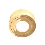 Złota lampa sufitowa Rullo Gold Mini LED IP44, 1-punktowa, o okrągłym kształcie. Widoczny jest gładki, błyszczący materiał oraz duża, okrągła część emitująca światło. Ujęcie z przodu, ukazujące szczegóły konstrukcji.