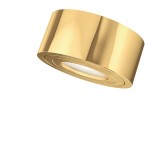 Rullo Gold Mini LED lampa sufitowa 1-punktowa w kolorze złotym, okrągła konstrukcja z matową powierzchnią. Ujęcie z boku, ukazujące wewnętrzny, biały element świetlny. Lampa przystosowana do montażu w pomieszczeniach.