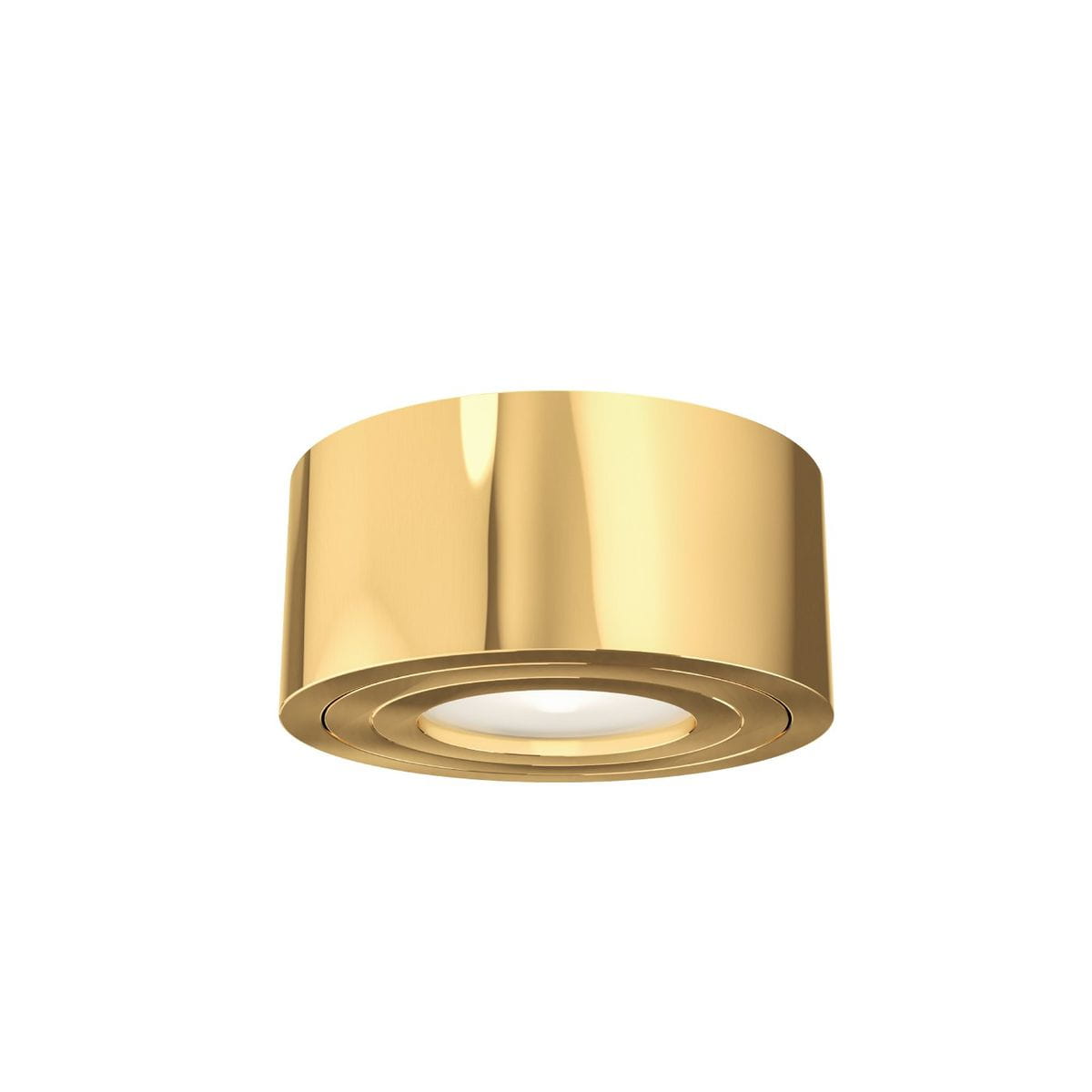 Złota lampa sufitowa Rullo Gold Mini LED, 1-punktowa, o okrągłym kształcie z gładką, błyszczącą powierzchnią. Widoczna oprawa z wewnętrznym źródłem światła, zamontowana w pozycji leżącej na jednolitym tle. Klasa szczelności IP44.
