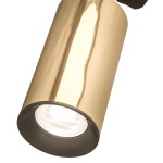 Reflektor spot Track Lea Gold w kolorze czarnym i złotym, o cylindrycznej formie. Widoczna lampa z okrągłym kloszem, z detalem w postaci tekstury na złotej powierzchni. Montaż na szynie, kąt ujęcia zbliżony na detal.