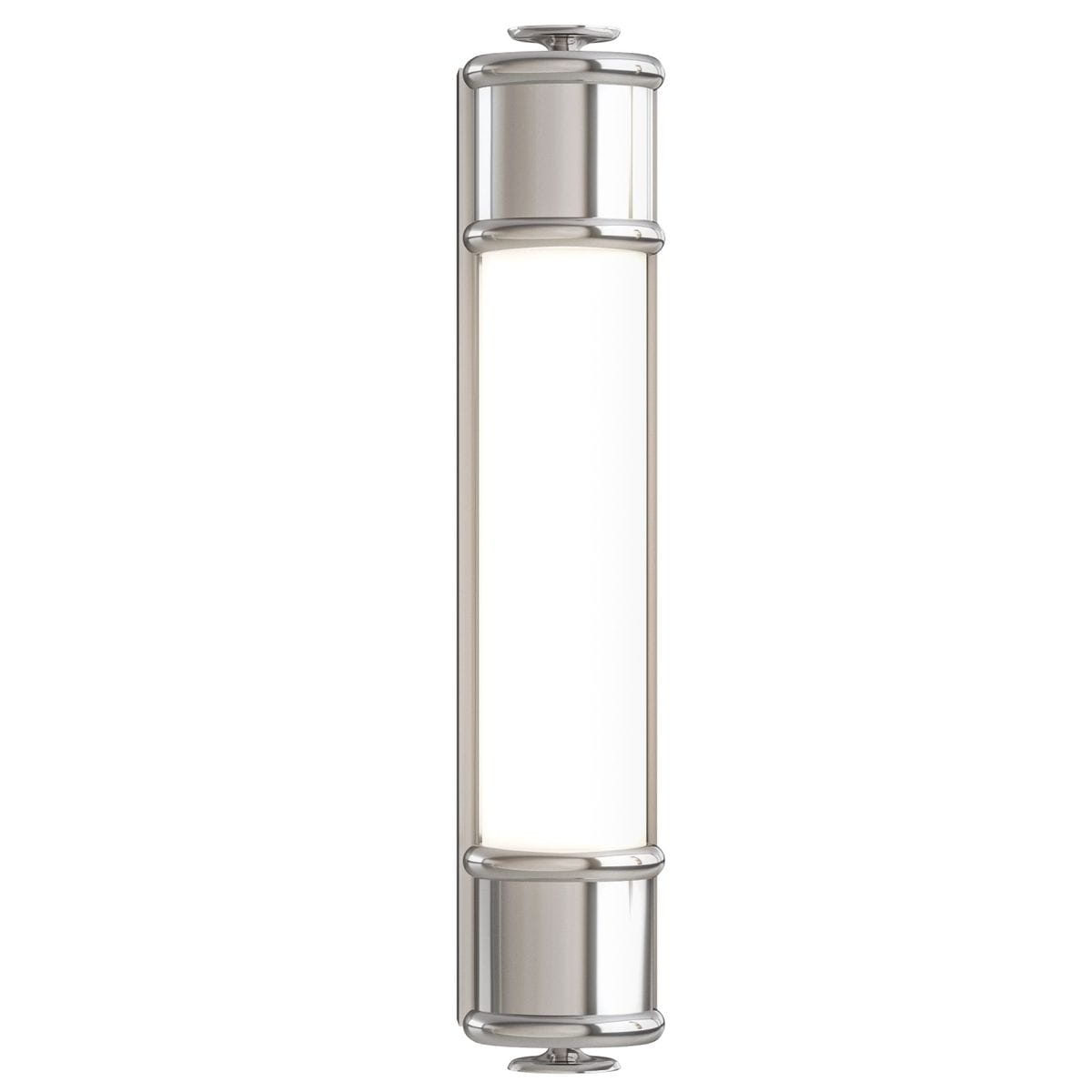Kinkiet Omi Parette Cromo 30 IP44 LED w kolorze chromu, o cylindrycznym kształcie, z przezroczystym kloszem. Ujęcie z boku, montowany na ścianie, idealny do łazienki lub innych wilgotnych pomieszczeń. Wysokość około 30 cm.