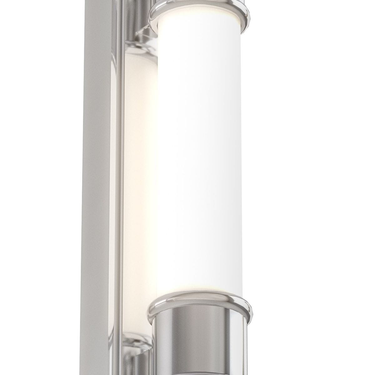 Kinkiet Omi Parette Cromo 30 IP44 LED w kolorze chromu, z okrągłą, matową oprawą z białego szkła. Ujęcie z bliska, pokazujące szczegóły konstrukcji i fakturę. Idealny do stosowania w wilgotnych pomieszczeniach.