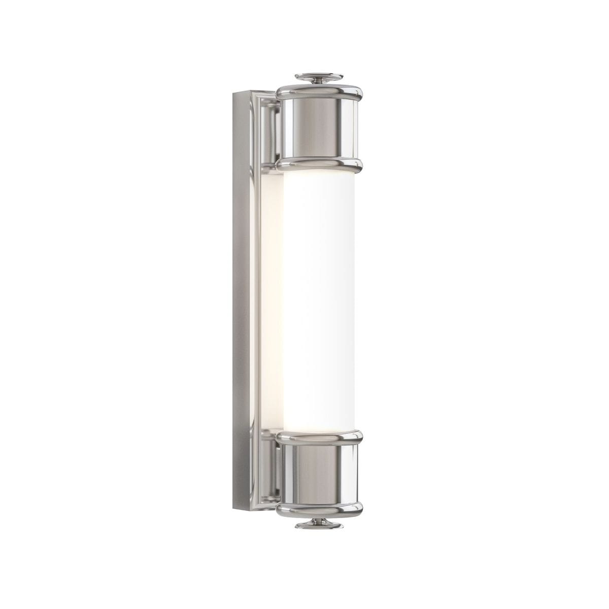 Kinkiet Omi Parette Cromo 30 IP44 LED w kolorze chromu, z cylindrycznym, białym kloszem. Ujęcie z boku, widoczny metalowy uchwyt, idealny do łazienek. Wymiary i detale montażowe nieczytelne.