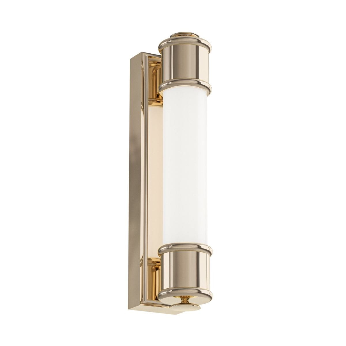 Kinkiet Omi Parette Gold 30 IP44 LED w złotym wykończeniu, o cylindrycznym kształcie z mlecznym kloszem. Pozycjonowany pionowo, z widocznymi detalami w postaci metalowych elementów oraz minimalistycznym designem, idealny do oświetlenia wnętrz.