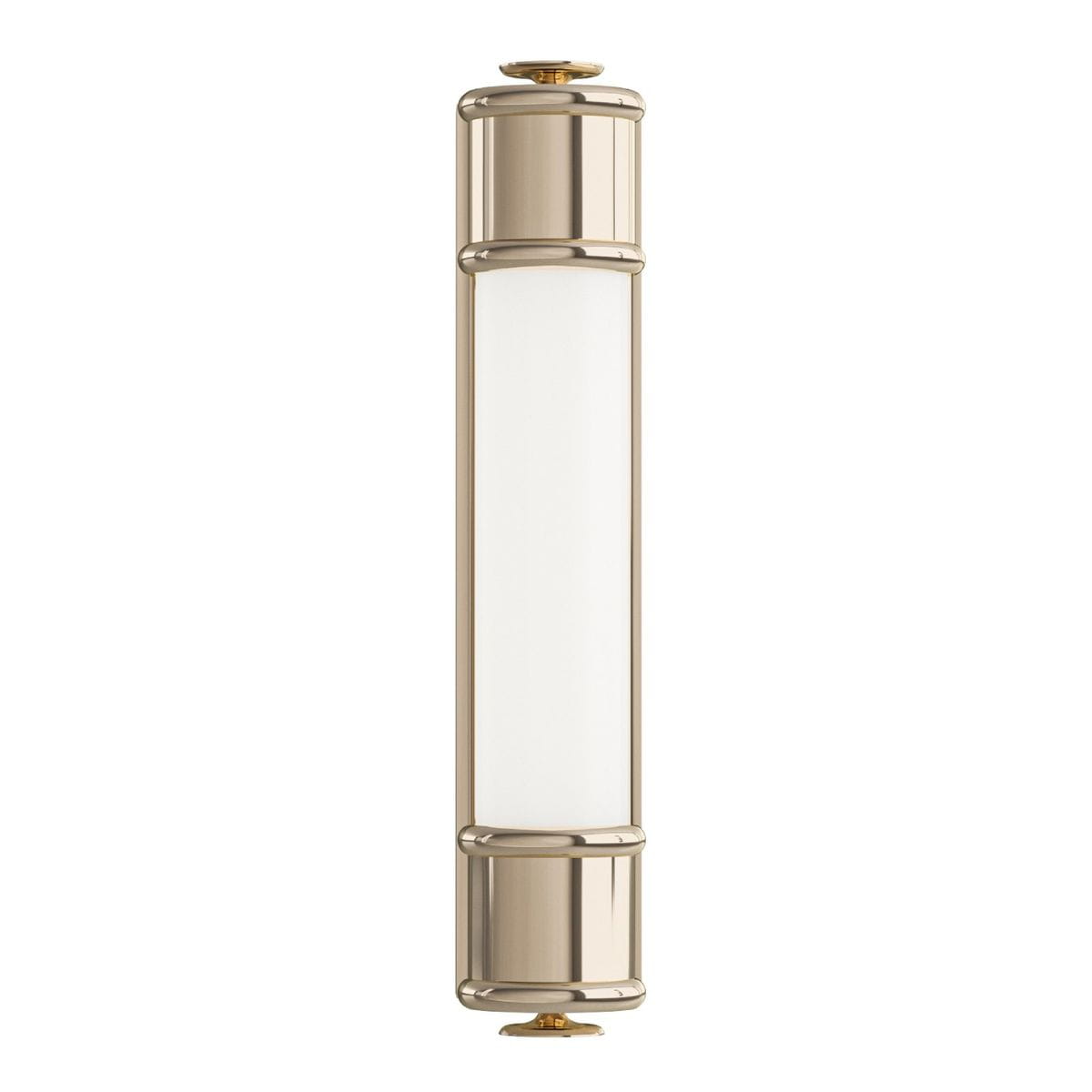 Kinkiet Omi Parette Gold 30 IP44 LED w złotym kolorze, o cylindrycznym kształcie, z białym, matowym kloszem. Ujęcie frontalne, produkt montowany na ścianie, z widocznymi dekoracyjnymi detalami. Idealny do wnętrz oraz na zewnątrz.