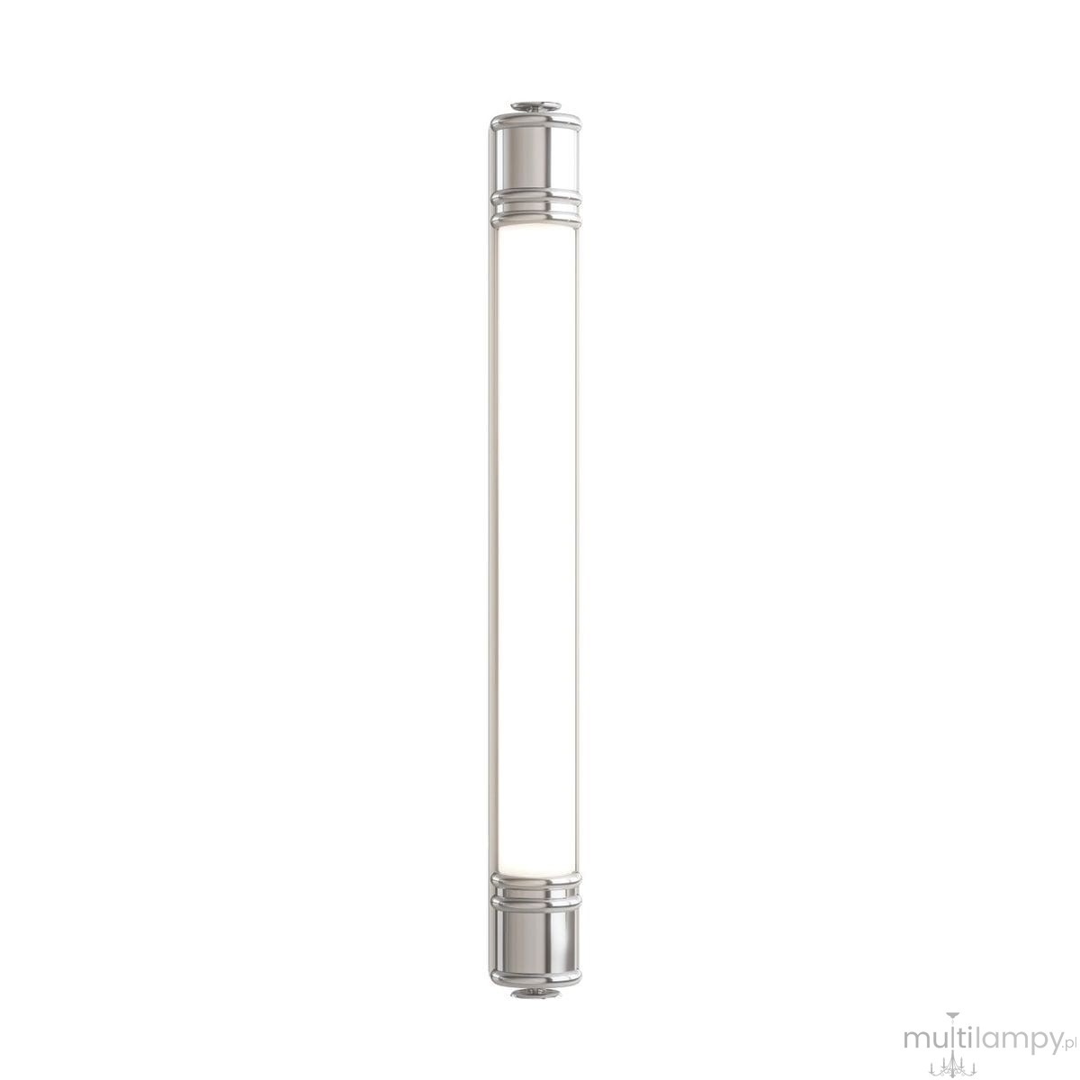 Kinkiet Omi Parette Cromo 60 IP44 w kolorze chromu, o prostokątnym kształcie, z białym kloszem LED. Ujęcie frontalne, produkt zamontowany, idealny do oświetlenia wnętrz. Wykończenie metaliczne, minimalistyczny design.