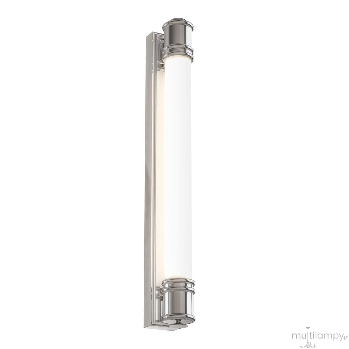 Kinkiet Omi Parette Cromo 60 IP44 LED w kolorze chromu, o prostokątnym kształcie. Wyposażony w białą szklaną osłonę i metalowe elementy wykończeniowe. Zainstalowany w pozycji pionowej, stanowi stylowe źródło światła.