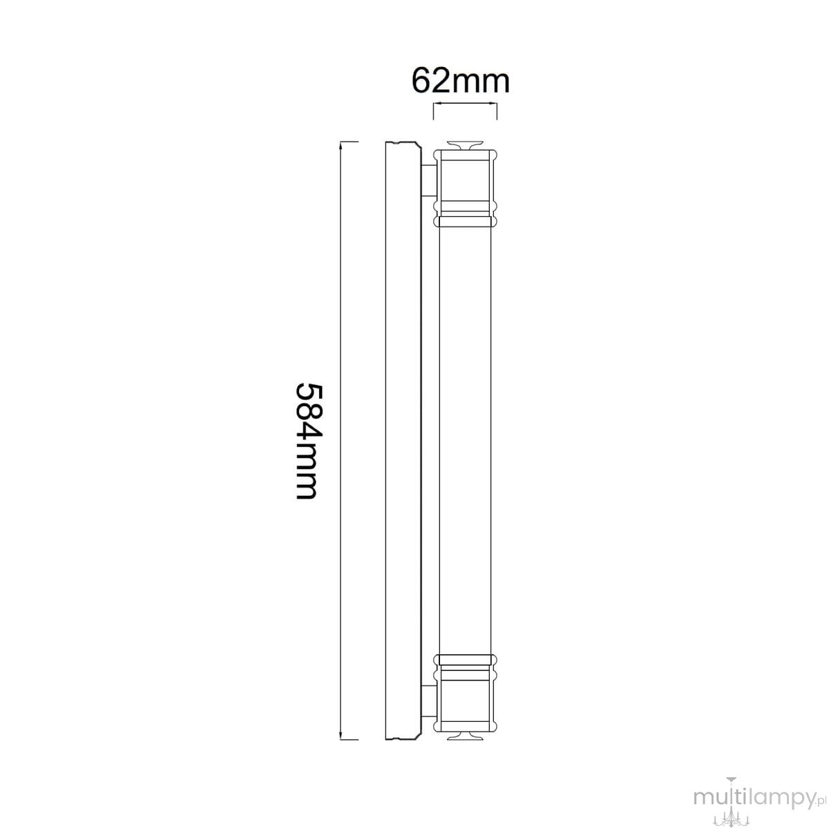 Kinkiet Omi Parette Cromo 60 w kolorze chromowanym, o wymiarach 584 mm długości i 62 mm szerokości. Prosty, prostokątny kształt, przeznaczony do montażu na ścianie, z klasą ochrony IP44, idealny do łazienek i stref wilgotnych.