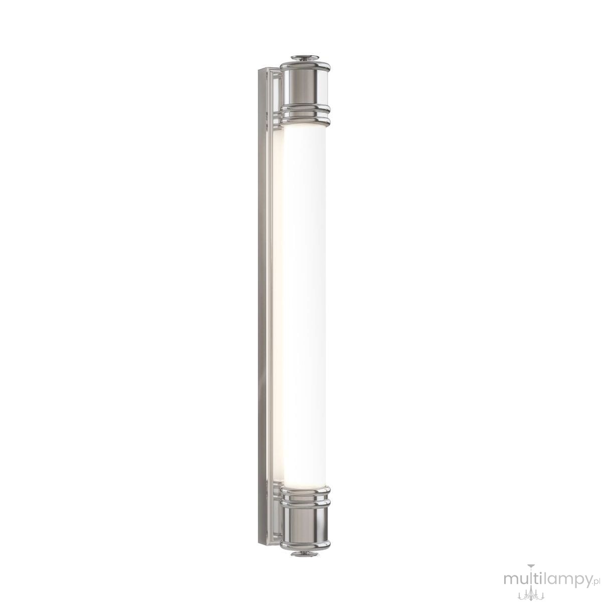 Kinkiet Omi Parette Cromo 60 IP44 LED, 1-punktowy, o chromowanej obudowie. Wąski, prostokątny kształt z mlecznym kloszem, umieszczony w pionie, idealny do łazienek. Widoczne detale chromowanej podstawy i górnej części.