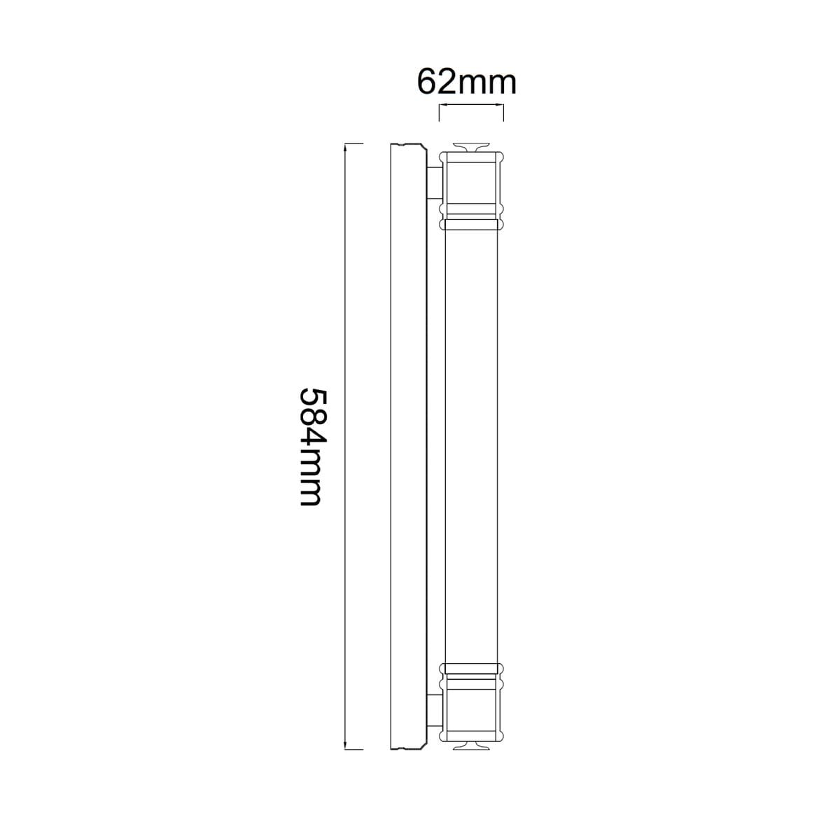 Złoty kinkiet Omi Parette Gold 60 IP44, długość 584 mm, szerokość 62 mm, prostokątny kształt, z jedną lampą LED. Widok z boku, prezentujący wymiary oraz minimalistyczny design. Idealny do wnętrz i na zewnątrz.