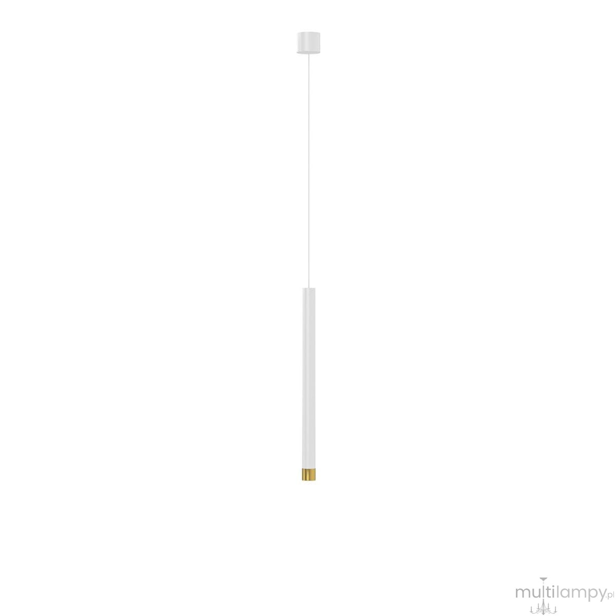 Lampa wisząca Q I Bianco/Gold 40 w kolorze białym z metalowym złotym wykończeniem na dolnej części. Produkt ma prosty, cylindryczny kształt, zawieszony na cienkim przewodzie, z okrągłym mocowaniem sufitowym.