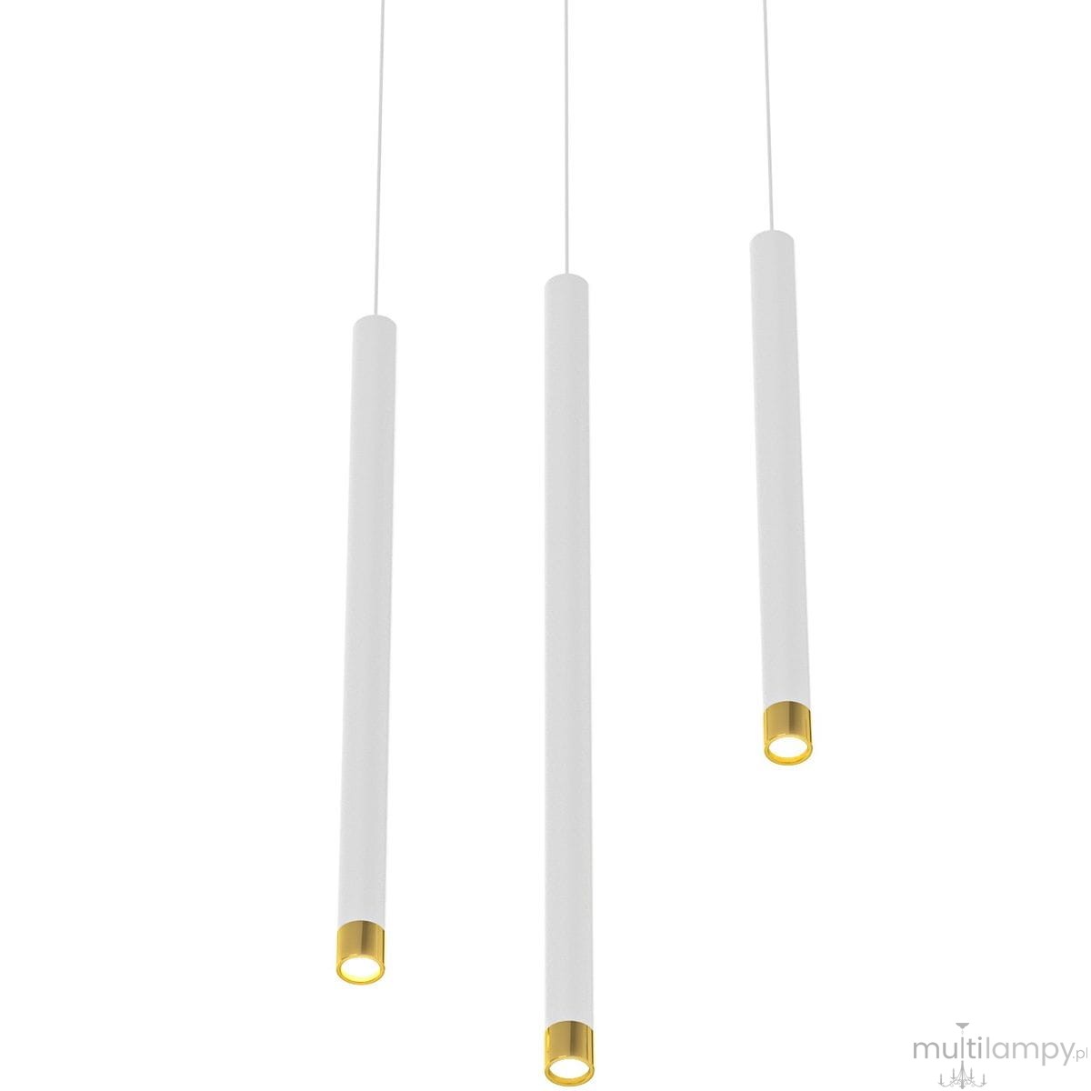Lampa wisząca Q I Bianco/Gold 40 w kolorze białym z złotymi akcentami, składająca się z trzech prostokątnych elementów zawieszonych na cienkich linkach. Widoczne są złote końcówki, przez które wydobywa się światło.