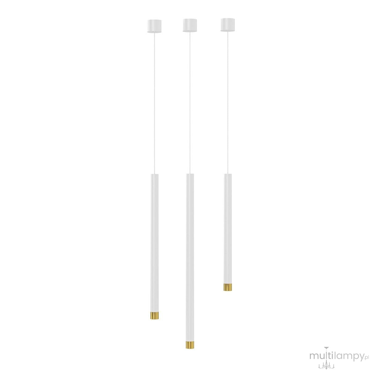 Lampa wisząca Q I Bianco/Gold 40 w kolorze białym i złotym, z trzema cienkimi rurkami zawieszonymi na białych kablach. Górna część z okrągłym mocowaniem, dolne końce rur w złotych odcieniach. Prosty, nowoczesny design.