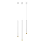 Lampa wisząca Q I Bianco/Gold 40 w kolorze białym i złotym, z trzema cienkimi rurkami zawieszonymi na białych kablach. Górna część z okrągłym mocowaniem, dolne końce rur w złotych odcieniach. Prosty, nowoczesny design.