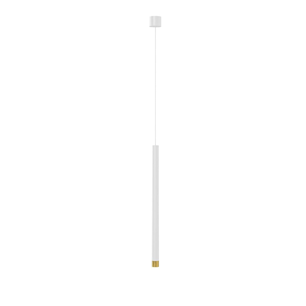 Lampa wisząca Q I Bianco/Gold 50 w kolorze białym z złotym detalem u dołu. Ma prostą, cylindryczną formę i jest zawieszona na cienkim, białym przewodzie. Ujęcie frontalne na jednolitym tle.