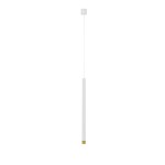 Lampa wisząca Q I Bianco/Gold 50 w kolorze białym z złotym detalem u dołu. Ma prostą, cylindryczną formę i jest zawieszona na cienkim, białym przewodzie. Ujęcie frontalne na jednolitym tle.