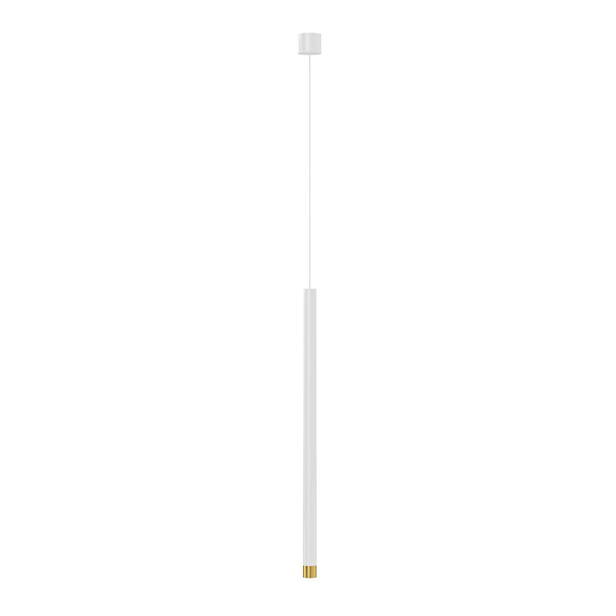 Lampa wisząca Q I Bianco/Gold 60, jednolita biała konstrukcja z metalowym, złotym detalem u dołu. Posiada prosty, cylindryczny kształt, zawieszona na cienkim przewodzie. Idealna do minimalistycznych wnętrz.