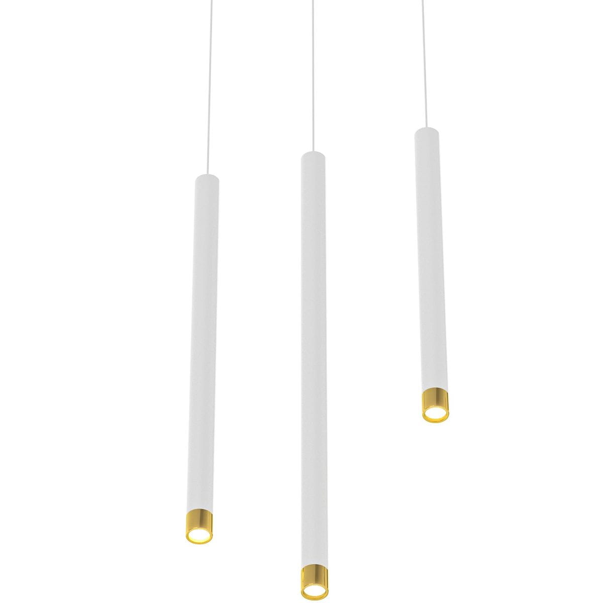 Lampa wisząca Q I Bianco/Gold 60 w kolorze białym i złotym, składająca się z trzech prostokątnych, matowych kloszy z metalowymi, złotymi końcówkami. Ujęcie frontalne, lampa zawieszona na cienkich, białych linkach.