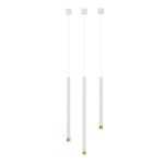 Lampa wisząca Q I Bianco/Gold 60 w kolorze białym ze złotymi detalami. Składa się z trzech podłużnych, białych rur z metalowymi, złotymi końcówkami. Zawieszona na cienkich linkach z sufitowym mocowaniem. Prosta, nowoczesna forma.