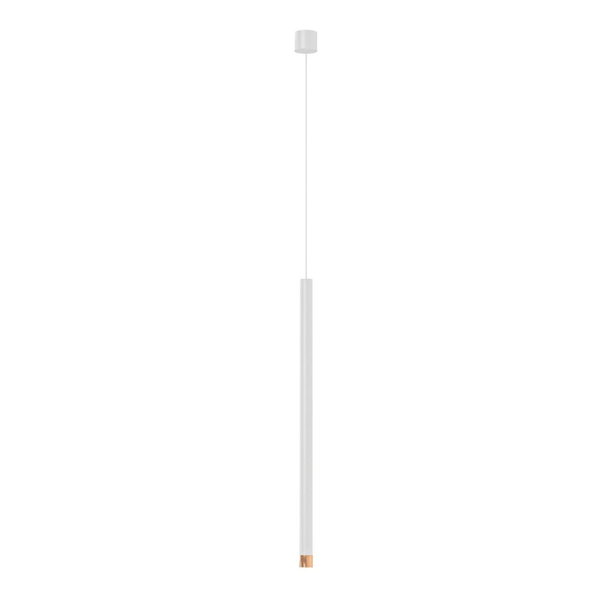 Lampa wisząca Q I Bianco/Rose Gold 60 w kolorze białym z różowym złotem, w formie prostokątnej, zwisająca na cienkim kablu. W górnej części okrągły uchwyt montażowy. Elegancki design, idealna do nowoczesnych wnętrz.