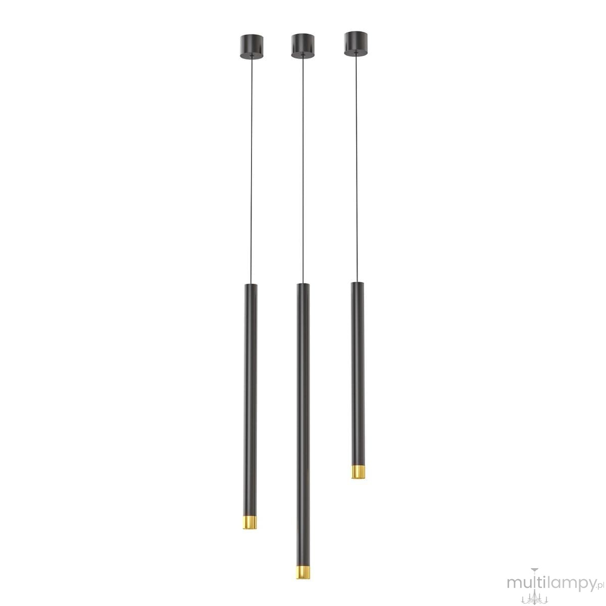 Lampa wisząca Q I Nero/Gold 40, z trzema czarnymi, metalowymi rurkami i złotymi końcówkami. Ujęcie frontalne, zawieszona na cienkich linkach. Prosta, nowoczesna forma, idealna do minimalistycznych wnętrz.