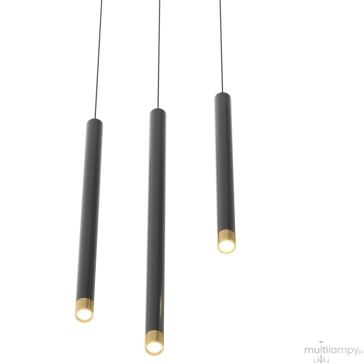 Lampa wisząca Q I Nero/Gold 40, z czarnymi metalowymi rurkami i złotymi końcówkami. Ujęcie z dołu, ukazujące trzy równolegle zawieszone elementy. Prosty, nowoczesny design, idealna do aranżacji wnętrz.