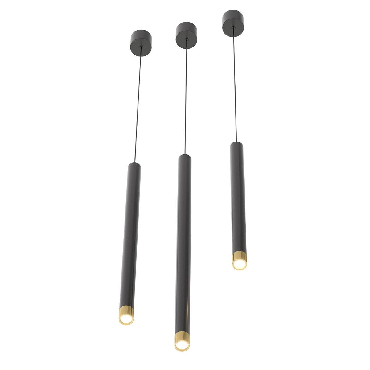 Lampa wisząca Q I Nero/Gold 50, czarna z złotymi końcówkami, składająca się z trzech długich, cylindrycznych elementów zawieszonych na cienkich linkach. Widoczna na białym tle, z minimalistycznym designem.