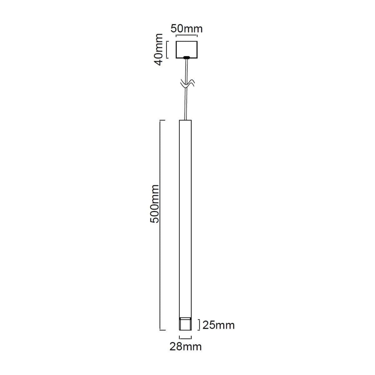 Lampa wisząca Q I Nero/Gold 50, 1-punktowa, w kolorze czarnym i złotym. Wysokość 500 mm, średnica 25 mm, z prostokątnym mocowaniem o wymiarach 50x40 mm. Prosty, nowoczesny design, idealna do różnych aranżacji wnętrz.