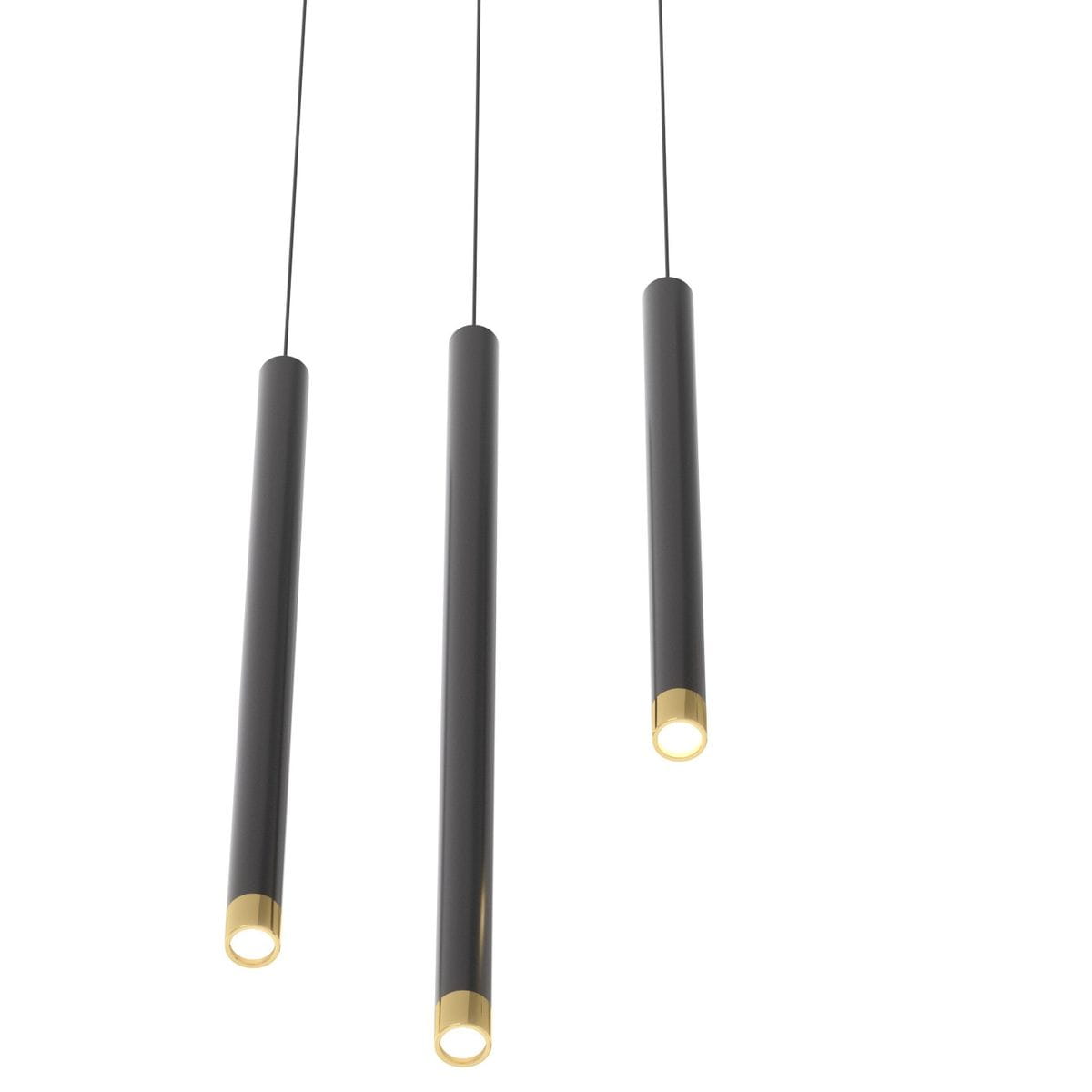Lampa wisząca Q I Nero/Gold 60 w kolorze czarnym i złotym, składająca się z trzech cienkich cylindrów, zawieszonych na cienkich linkach. Każdy cylinder ma złote wykończenie na końcu, z widocznym źródłem światła.