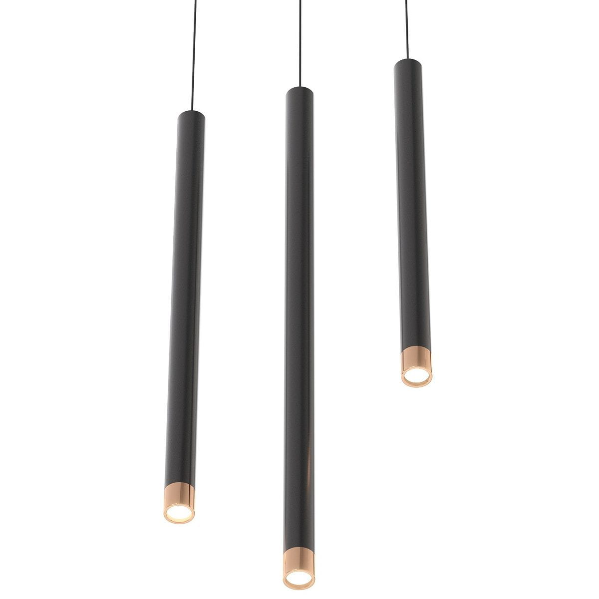 Lampa wisząca Q I Nero/Rose Gold 40 w kolorze czarnym z różowozłotymi końcówkami. Składa się z trzech smukłych, cylindrycznych elementów, zawieszonych na cienkich linkach, w układzie pionowym. Idealna do nowoczesnych wnętrz.