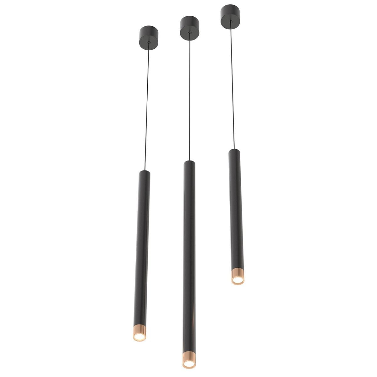 Lampa wisząca Q I Nero/Rose Gold 40 w kolorze czarnym i różowego złota, składająca się z trzech cylindrycznych elementów. Ujęcie z góry, pokazujące długie, matowe klosze z błyszczący końcówkami, zawieszone na cienkich linkach.