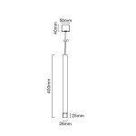 Lampa wisząca Q I Nero/Rose Gold 1-punktowa, czarna z różowozłotym detalem. Prosty, cylindryczny kształt o wymiarach 400 mm długości i 25 mm średnicy. Montaż sufitowy, minimalistyczny design, idealna do nowoczesnych wnętrz.