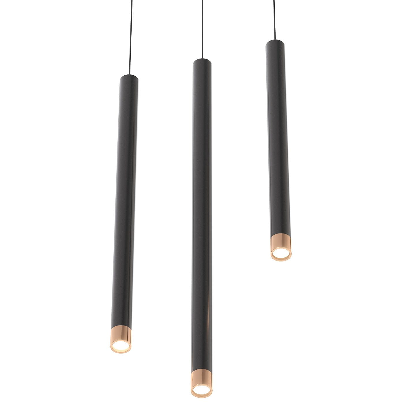 Lampa wisząca Q I Nero/Rose Gold 50 w kolorze czarnym z różowym złotem. Składa się z trzech smukłych, cylindrycznych elementów zawieszonych na cienkich linkach, z widocznymi źródłami światła na dolnych końcach.
