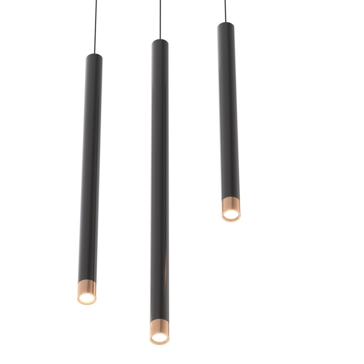 Lampa wisząca Q I Nero/Rose Gold 60 w kolorze czarnym z różowym złotem, składająca się z trzech cylindrycznych elementów. Ujęcie z przodu, widoczne źródła światła na końcach. Prosta, nowoczesna forma.